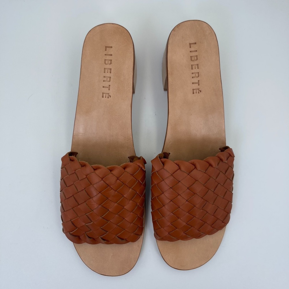 Liberté Santorini Mule Women US 12 Cognac Leather Woven Block Heel Slip On Shoes - Picture 3 of 10